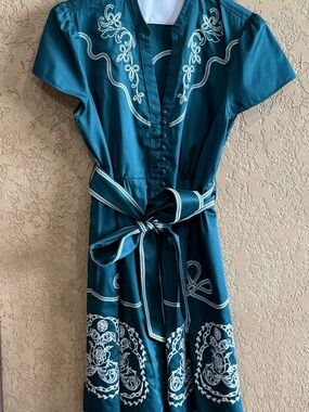 Lucchese Teal Embroidered Belted Midi Dress